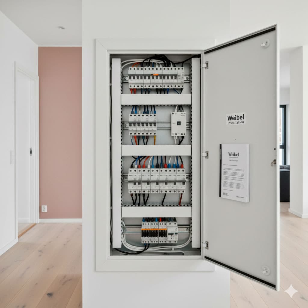 Åbent el-skab med moderne el-installationer i et privat hjem, der understøtter energioptimering og grøn omstilling ved nybyg eller renovering.